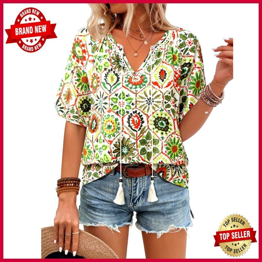 Boho Floral Blouse Lantern Sleeves V-Neck Tie Front Loose Fit Summer Top
